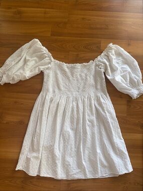 Hill House White Swiss Dot Smocked Puff-Sleeve Mini Dress